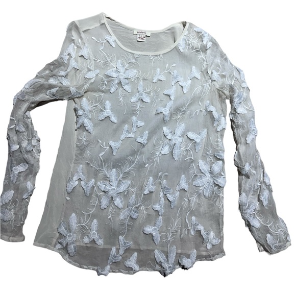 Sundance Silk Floral Appliqué Top Long Sleeve Sheer Silk Shirt White Ivory - Picture 1 of 4